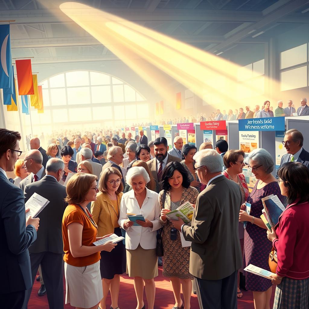 A vibrant and detailed scene depicting a gathering of Jehovah's Witnesses at a convention, with attendees engaging in discussions and sharing literature