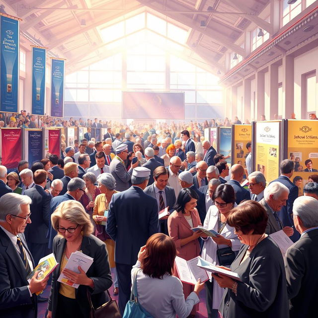 A vibrant and detailed scene depicting a gathering of Jehovah's Witnesses at a convention, with attendees engaging in discussions and sharing literature