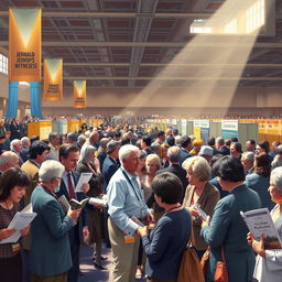 A vibrant and detailed scene depicting a gathering of Jehovah's Witnesses at a convention, with attendees engaging in discussions and sharing literature