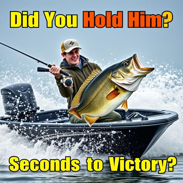 A professional young fisherman stands in a sleek, modern fishing boat, intensely reeling in a massive bass fish, showcasing powerful movement in the splashing water surrounding the boat