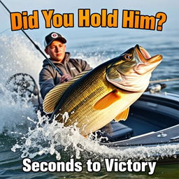 A professional young fisherman stands in a sleek, modern fishing boat, intensely reeling in a massive bass fish, showcasing powerful movement in the splashing water surrounding the boat