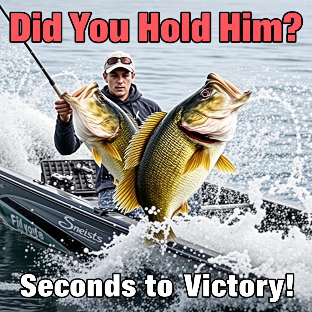 A professional young fisherman stands in a sleek, modern fishing boat, intensely reeling in a massive bass fish, showcasing powerful movement in the splashing water surrounding the boat