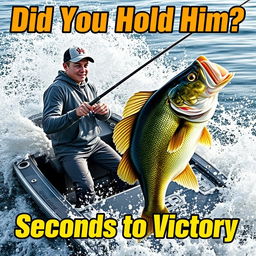 A professional young fisherman stands in a sleek, modern fishing boat, intensely reeling in a massive bass fish, showcasing powerful movement in the splashing water surrounding the boat