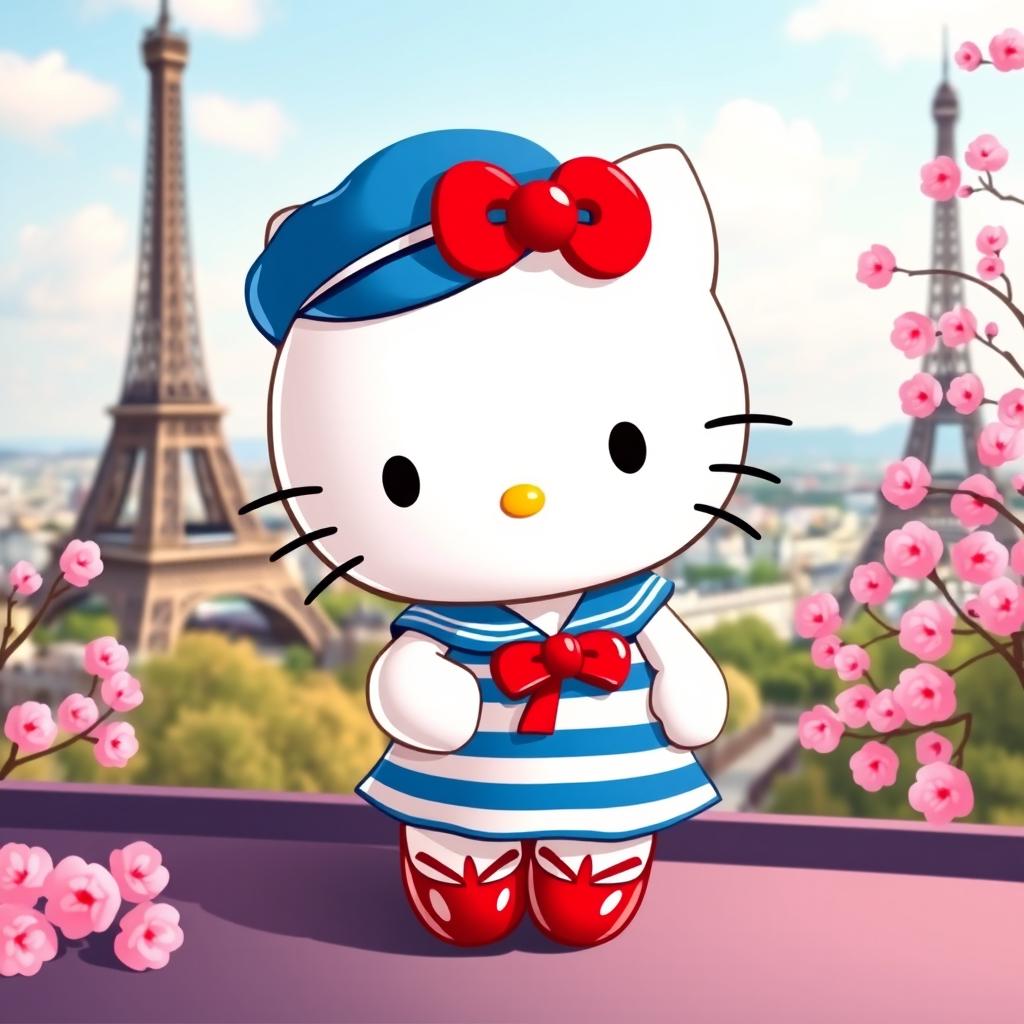 A charming and whimsical representation of Hello Kitty dressed in a colorful French outfit