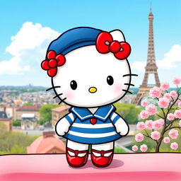 A charming and whimsical representation of Hello Kitty dressed in a colorful French outfit