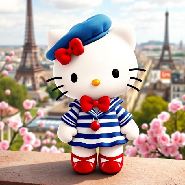 A charming and whimsical representation of Hello Kitty dressed in a colorful French outfit