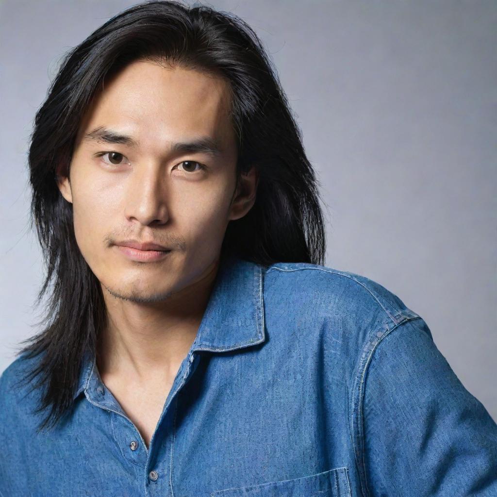 Create an image of a slim, Asian man with long hair. He has an ear piercing and is dressed in blue clothes, including blue jeans.