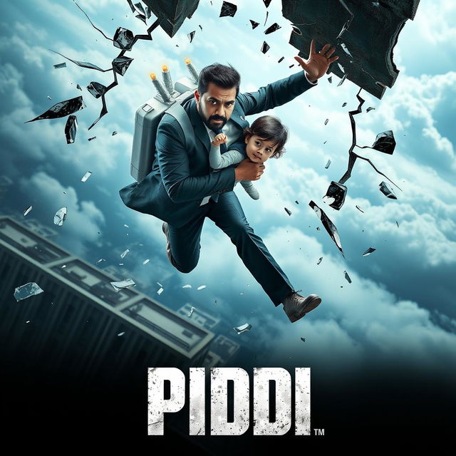 An Indian man in a sharp formal suit, with a tense expression, is seen suspended mid-air, clutching a small child tightly in his arms as they leap through the shattered glass of a high-rise building