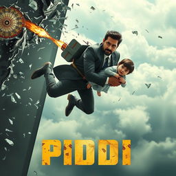 An Indian man in a sharp formal suit, with a tense expression, is seen suspended mid-air, clutching a small child tightly in his arms as they leap through the shattered glass of a high-rise building