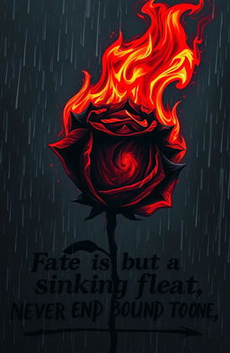 A striking black and red rose engulfed in flames, set against a backdrop of falling rain, creating a dramatic contrast between the fire and water