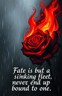 A striking black and red rose engulfed in flames, set against a backdrop of falling rain, creating a dramatic contrast between the fire and water