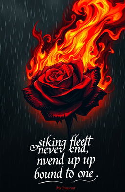 A striking black and red rose engulfed in flames, set against a backdrop of falling rain, creating a dramatic contrast between the fire and water