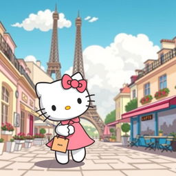 A delightful depiction of Hello Kitty exploring the streets of Paris