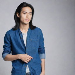 Create an image of a slim, Asian man with long hair. He has an ear piercing and is dressed in blue clothes, including blue jeans.