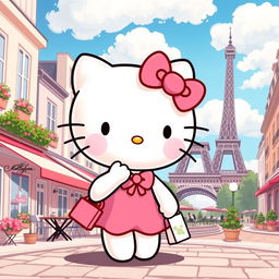 A delightful depiction of Hello Kitty exploring the streets of Paris