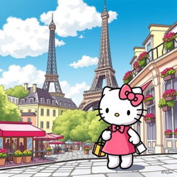 A delightful depiction of Hello Kitty exploring the streets of Paris