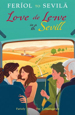 A contemporary romantic novel cover depicting various love stories unfolding during a bus journey from Ferrol to Sevilla