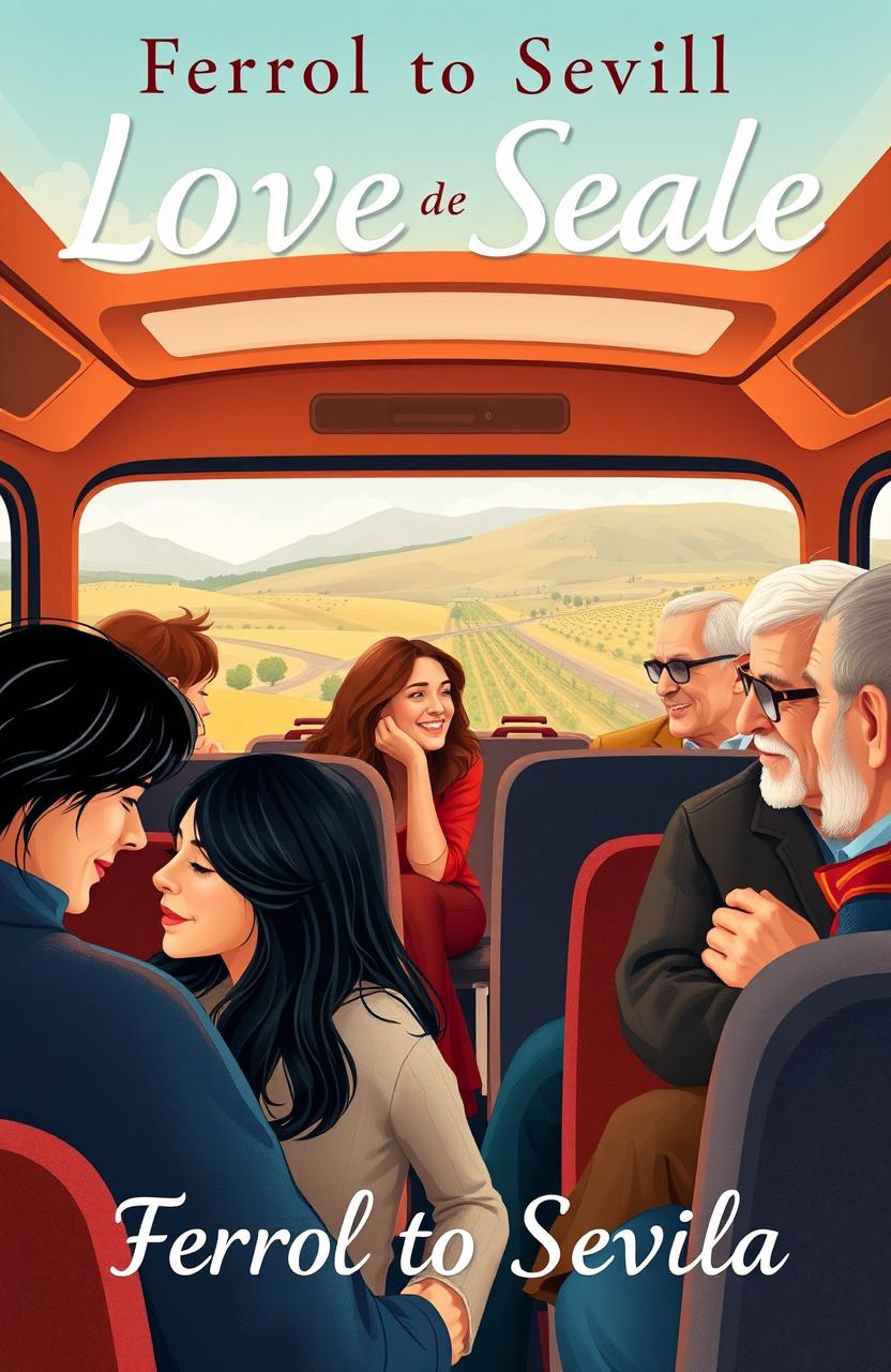 A contemporary romantic novel cover depicting various love stories unfolding during a bus journey from Ferrol to Sevilla