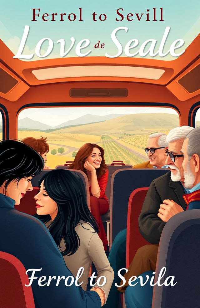 A contemporary romantic novel cover depicting various love stories unfolding during a bus journey from Ferrol to Sevilla