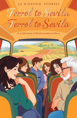 A contemporary romantic novel cover depicting various love stories unfolding during a bus journey from Ferrol to Sevilla