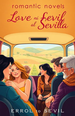 A contemporary romantic novel cover depicting various love stories unfolding during a bus journey from Ferrol to Sevilla