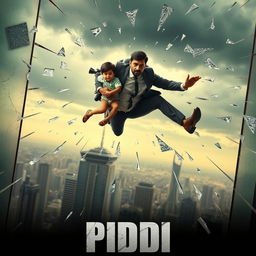 An Indian man in a sharp formal suit with a jetpack on his back, clutching a small child tightly in his arms, leaps dramatically through the shattered glass of a high-rise building