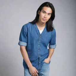 Create an image of a slim, Asian man with long hair. He has an ear piercing and is dressed in blue clothes, including blue jeans.