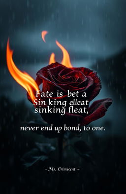 A striking image of a burning black and red rose surrounded by cascading rain, with flames licking the edges of the petals