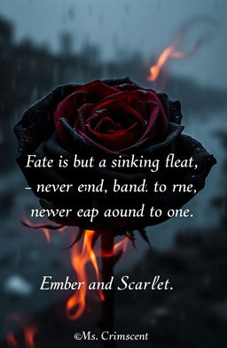 A striking image of a burning black and red rose surrounded by cascading rain, with flames licking the edges of the petals