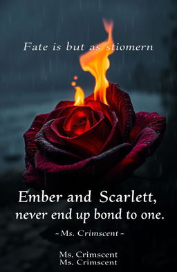 A striking image of a burning black and red rose surrounded by cascading rain, with flames licking the edges of the petals