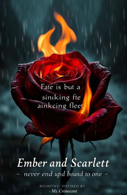 A striking image of a burning black and red rose surrounded by cascading rain, with flames licking the edges of the petals