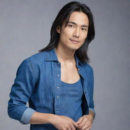 Create an image of a slim, Asian man with long hair. He has an ear piercing and is dressed in blue clothes, including blue jeans.