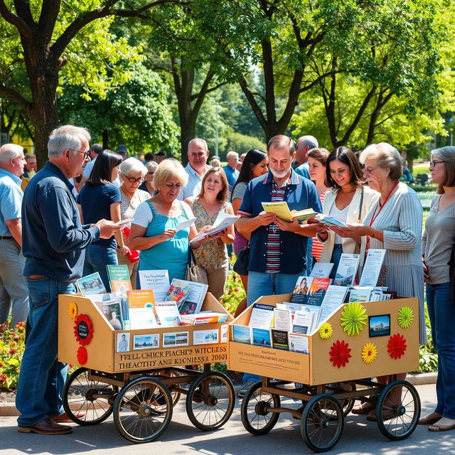 A lively scene capturing Jehovah's Witnesses preaching in a colorful park, using small carts filled with literature and informational materials