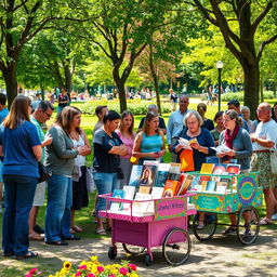 A lively scene capturing Jehovah's Witnesses preaching in a colorful park, using small carts filled with literature and informational materials