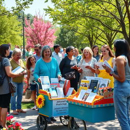 A lively scene capturing Jehovah's Witnesses preaching in a colorful park, using small carts filled with literature and informational materials