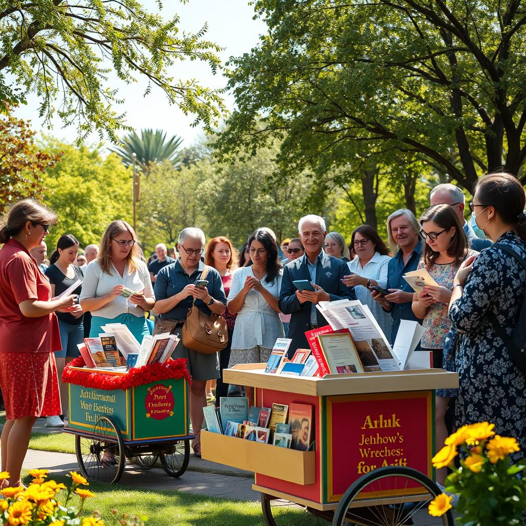 A lively scene capturing Jehovah's Witnesses preaching in a colorful park, using small carts filled with literature and informational materials