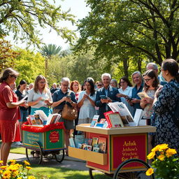 A lively scene capturing Jehovah's Witnesses preaching in a colorful park, using small carts filled with literature and informational materials