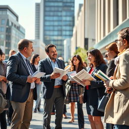 A dynamic and engaging scene of Jehovah's Witnesses preaching in an urban environment