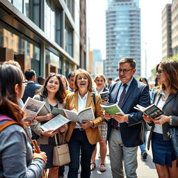 A dynamic and engaging scene of Jehovah's Witnesses preaching in an urban environment