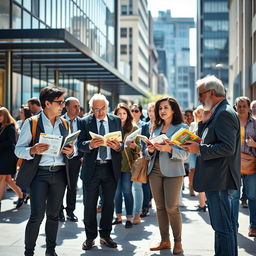 A dynamic and engaging scene of Jehovah's Witnesses preaching in an urban environment