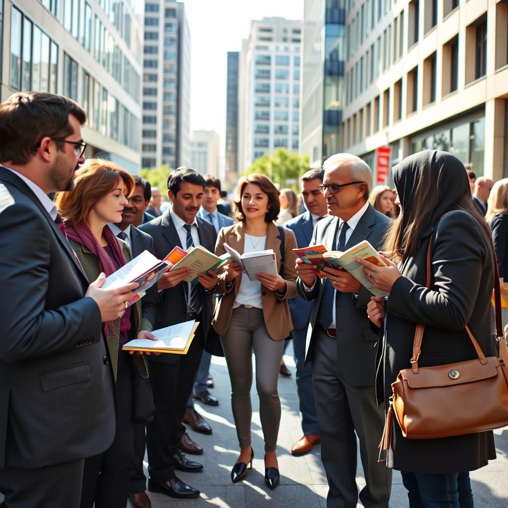 A dynamic and engaging scene of Jehovah's Witnesses preaching in an urban environment