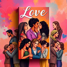 A contemporary romantic novel cover showcasing a vibrant and inclusive tapestry of love stories, including same-sex relationships, polyamory, lesbianism, interracial couples, and intergenerational romances