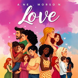 A contemporary romantic novel cover showcasing a vibrant and inclusive tapestry of love stories, including same-sex relationships, polyamory, lesbianism, interracial couples, and intergenerational romances