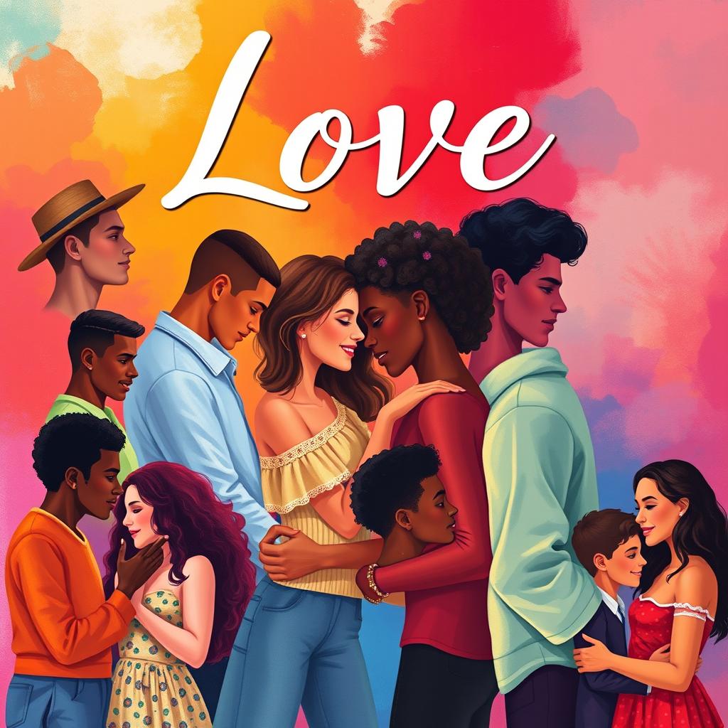 A contemporary romantic novel cover showcasing a vibrant and inclusive tapestry of love stories, including same-sex relationships, polyamory, lesbianism, interracial couples, and intergenerational romances