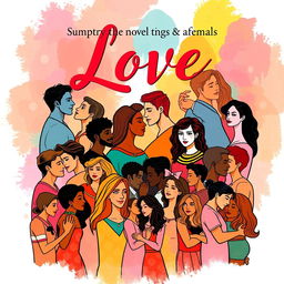 A contemporary romantic novel cover showcasing a vibrant and inclusive tapestry of love stories, including same-sex relationships, polyamory, lesbianism, interracial couples, and intergenerational romances