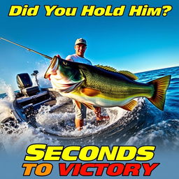 A professional young fisherman stands in a sleek, modern fishing boat, intensely reeling in a gigantic bass fish, showcasing dramatic splashes and dynamic movement in the water around the boat