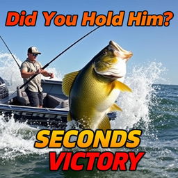 A professional young fisherman stands in a sleek, modern fishing boat, intensely reeling in a gigantic bass fish, showcasing dramatic splashes and dynamic movement in the water around the boat