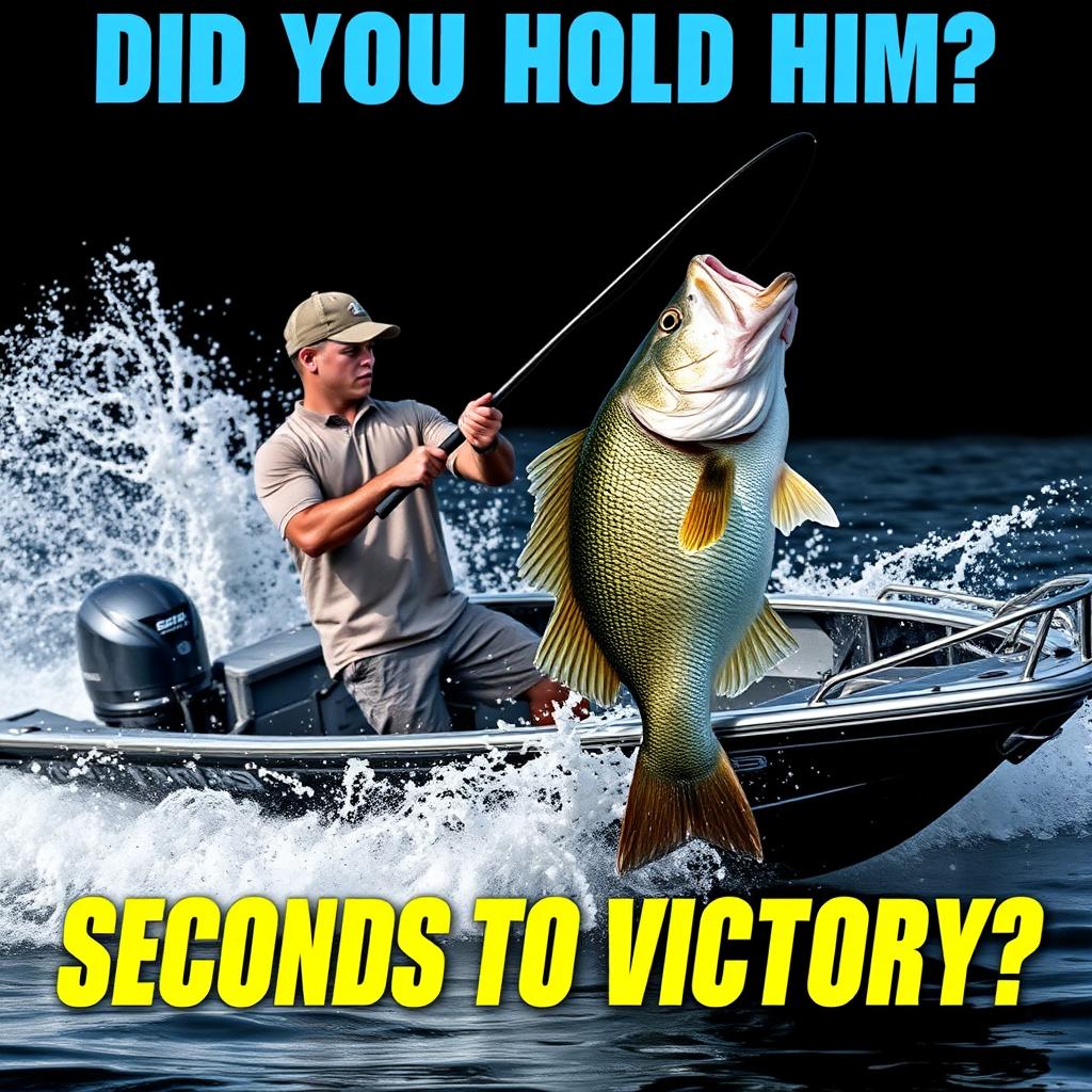 A professional young fisherman stands in a sleek, modern fishing boat, intensely reeling in a gigantic bass fish, showcasing dramatic splashes and dynamic movement in the water around the boat