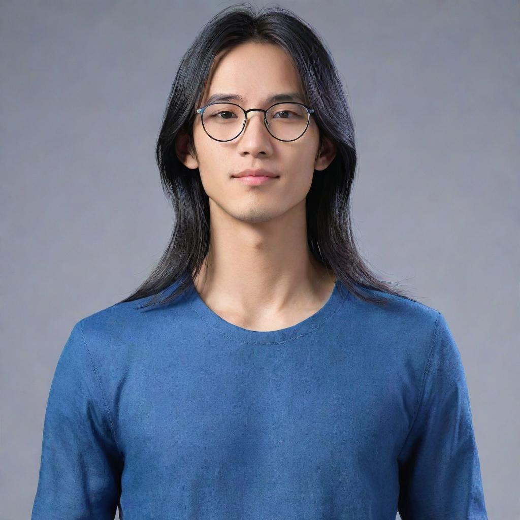 Refine the image of the slim, Asian man with long hair and ear piercing. He's now wearing small glasses. Dress him in blue clothes including jeans. Render this image in high detail and imbue it with an Anime style.