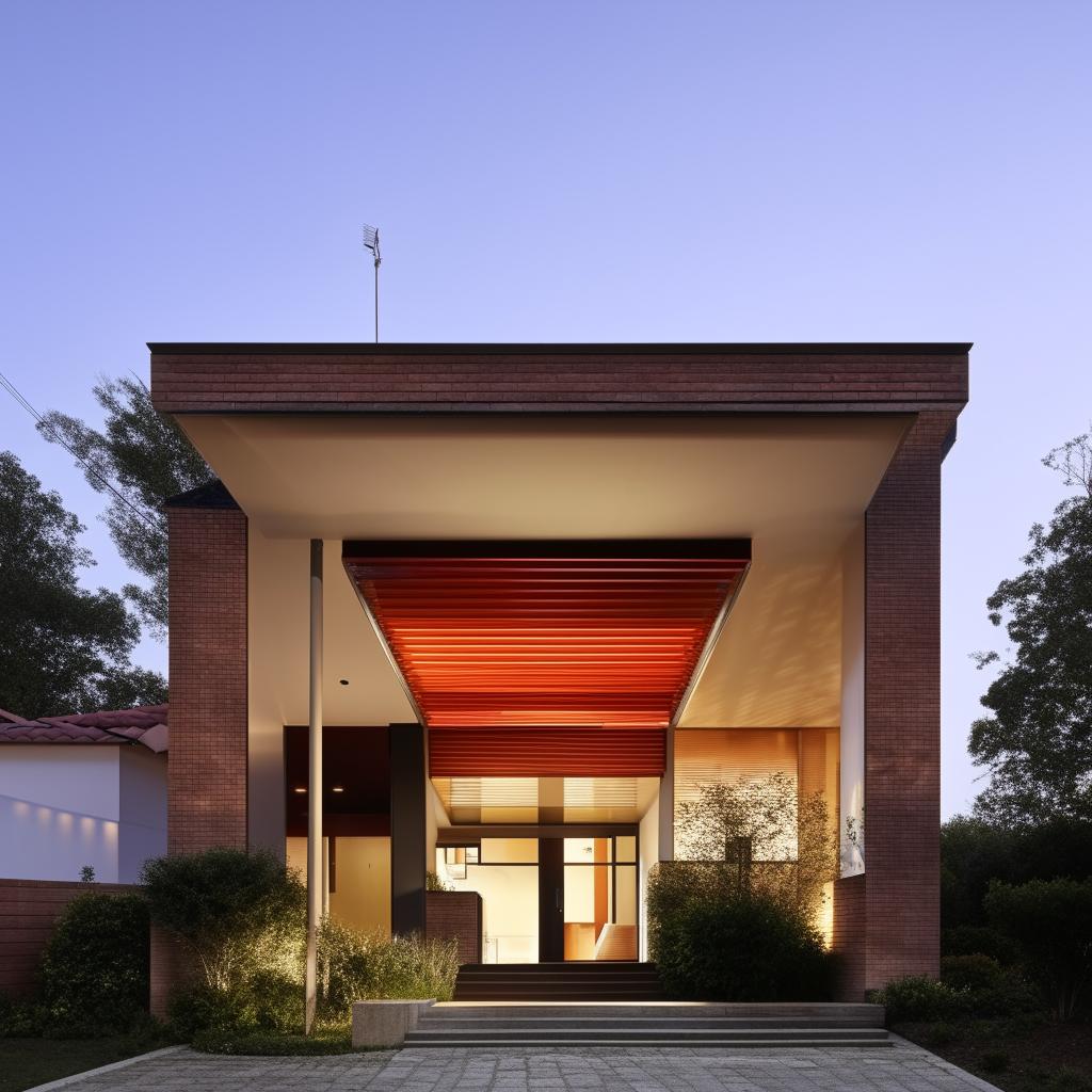 A modern two-story house where the second floor possesses a gleaming glass roof, with bricks forming the ground floor.